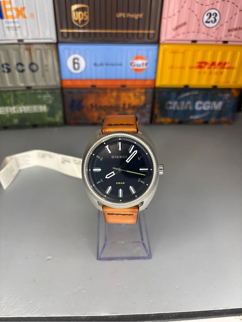 Diesel Black Dial Watch with Tan Leather Strap 43mm